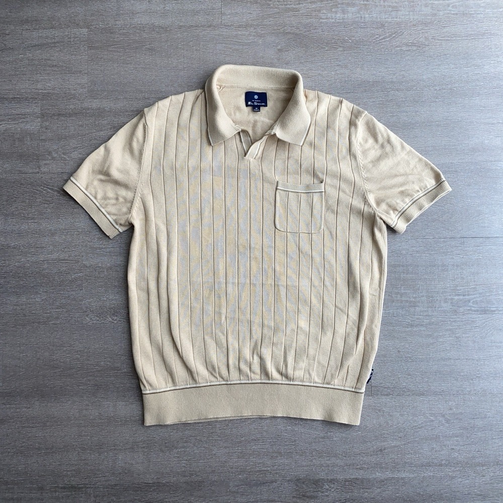 Ben Sherman Vertical Ribbed Cream Beige Knitted Polo W Pocket Size Medium 1372